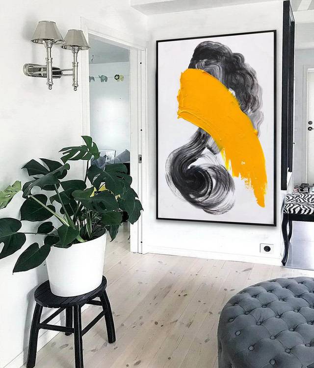 Modern Hand-painted Original Black Minimal Gold Abstract Canvas Artwork C4C7P